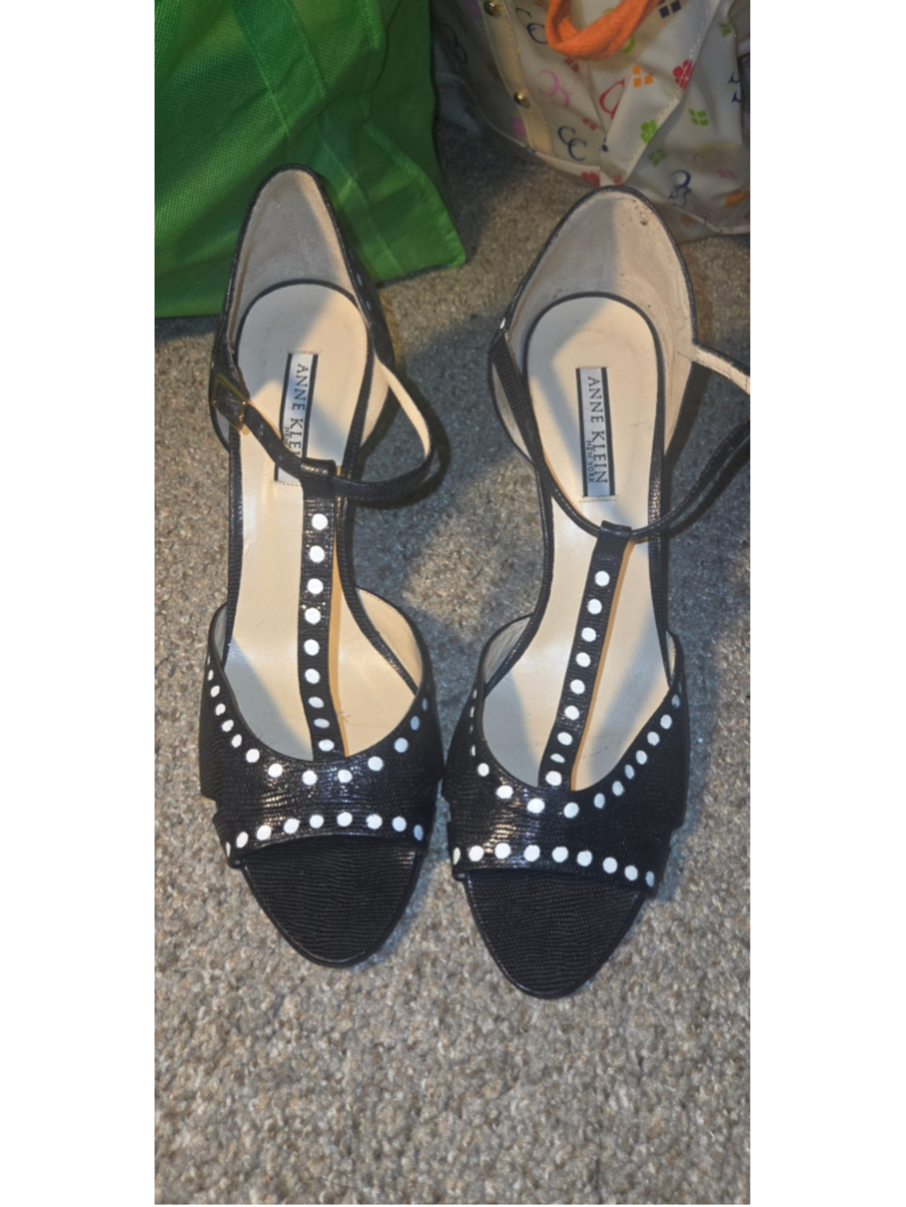 Women's Anne Klein Black and White Polka Dot T-Strap Heels Size 9.5
